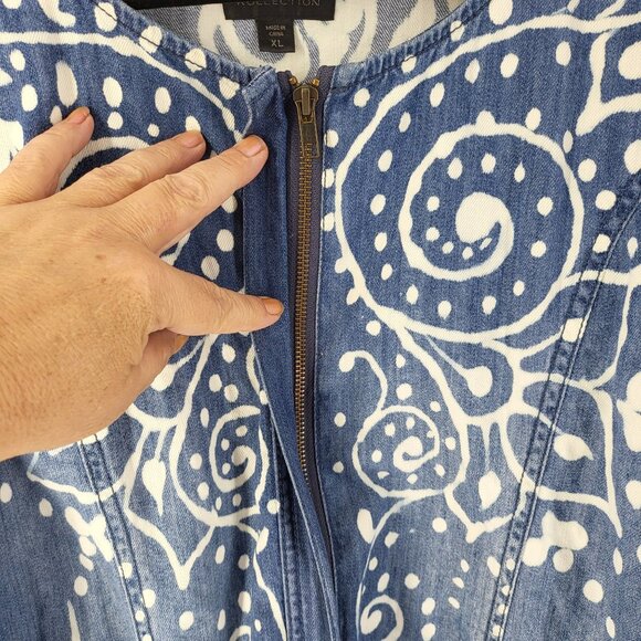 Kardashian Kollection Womens XL Denim Jacket With White Boho Print & Zipper Clos - Picture 3 of 16